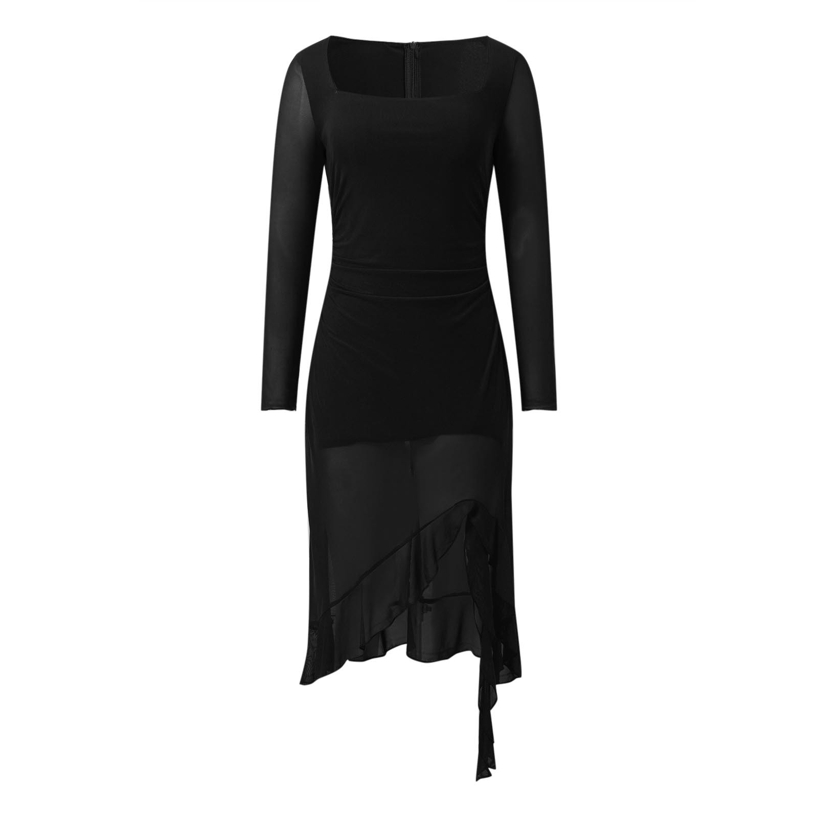 thumbnail image 4 of Vestido liso de cuello en U y manga larga con bajo irregular para mujer - Vestido informal ajustado de malla, poliéster y spandex, para todas las estaciones, 4 of 6